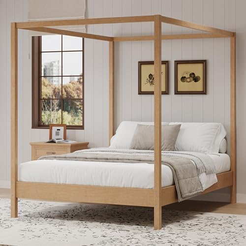 LUMISOL King Size Canopy Bed Frame, Solid Wood 4 Poster Canopy Platform Bed Frame with Slats and Support Legs, No Box Spring Needed, Easy Assembly, Natural