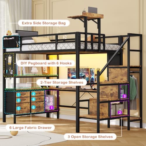 Dnxao Twin Loft Bed with Desk, 6 Drawers & Foldable Bed Table, Rustic Brown