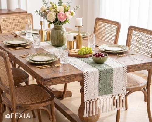 FEXIA Boho Table Runner with Tassels for Home Decor 12x72 Inches Green