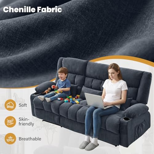 BOSMILLER Recliner 3-Seat Sofa with Cup Holders for Living Room, Manual Sofa Recliner with Side Pocket