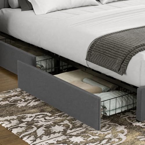 VECELO Queen Size Upholstered Bed Frame with 4 Drawers and Headboard, Velvet Platform Storage Bedframe, Wooden Slats Support, No Box Spring Needed,Dark Grey