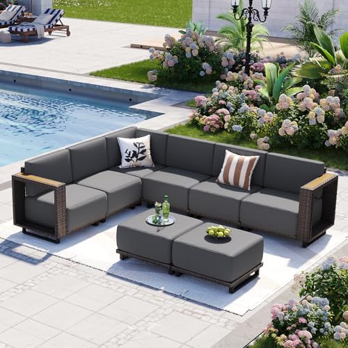 Aoxun Patio Furniture Set, 8 Piece Outdoor Sofa Set, Brown/Dark Gray