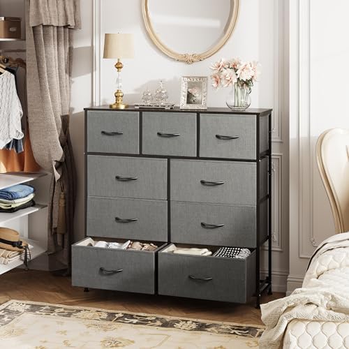 WLIVE Tall Dresser for Bedroom, 9 Drawer Chest of Drawers, Dark Grey