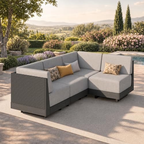 PHI VILLA 4 Piece Wicker Patio Sectional Furniture Set 8.7" Gray Cushions