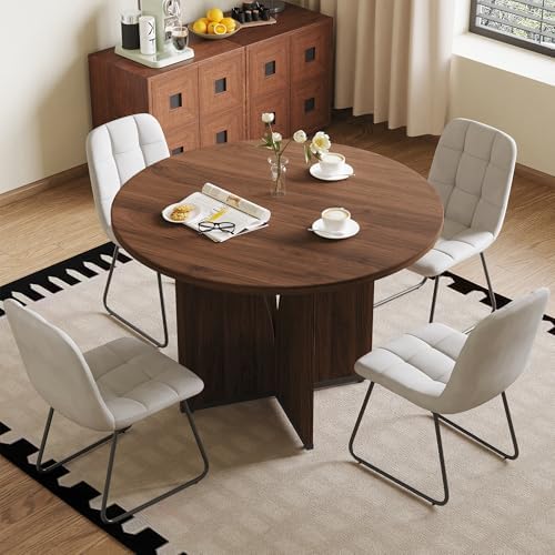 HIPIHOM Modern Round Dining Table Set for 2, 39.4" Walnut Kitchen Table with 2 PU Leather Chairs, 3-Piece Mid-Century Dining Room Set for Small Spaces, Pedestal Base