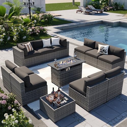 Aoxun Patio Furniture Sets, 12-Piece Outdoor Patio Furniture with 44'' Propane Gas Firepit Table, Wicker Outdoor Conversation Set Sectional Sofa for Backyard, Poolside, Garden