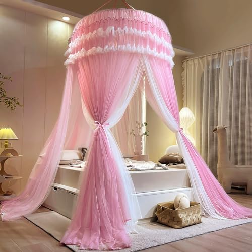 Kertnic Dreamy Bed Canopy for Girls, Princess Canopy Curtains Double Layer Sheer Mesh, Adults Canopies Netting Room Decor Tent Mosquito Net for Queen King Bed (Double Layer-Peach Pink)