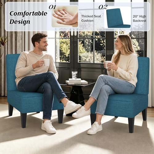 Armless Accent Chairs Set of 2, Blue Upholstered Linen Slipper Chair with Solid Wood Legs, Mid Century Modern Side Chairs for Small Living Room Bedroom Apartment Reading Nook