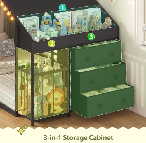 UPOSOJA Montessori Twin Size Floor Bed, House Shape Bed, Tent, Children's Night Light, Toy Storage Cabinets, Drawer, Picture Book Section for Kids Teens Girls Boys