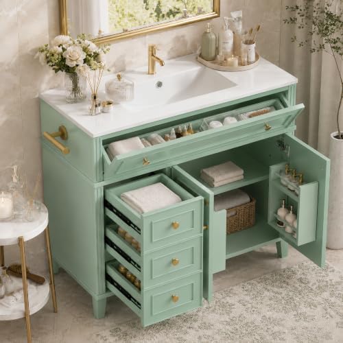 YOPTO 36" Bathroom Vanity with Sink, Freestanding Bathroom Cabinet | Ceramic Top & Backsplash, 3 Storage Drawers, 1 Tilt-Out Storage, Adjustable Shelving, Door Storage and Towel Bar, Sage Green