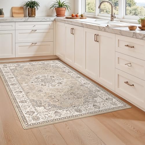 3x5 Living Room Area Rugs: Vintage Washable Non-Slip Rug for Bedroom Dining Room Soft Carpet for Nursery Kitchen Home Office Durable & Easy-Clean Design Perfect for Homes with Cats & Dogs(3x5 Beige)