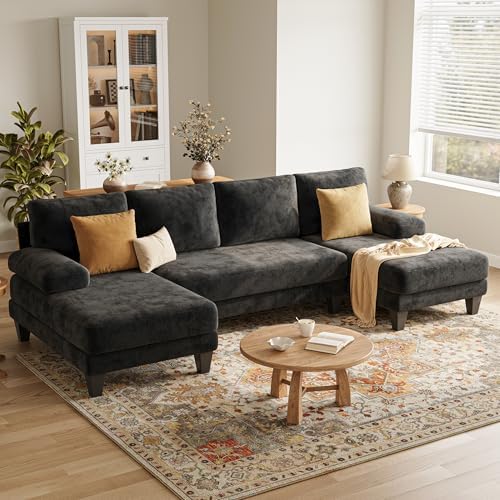 U-Shaped Sectional Couches for Living Room | 112 Inch Modern Sectional Couch | Chenille Sofa with Double Chaise for Apartment Black
