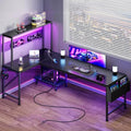 PRAISUN L Shaped Gaming Desk with LED Lights & Power Outlets