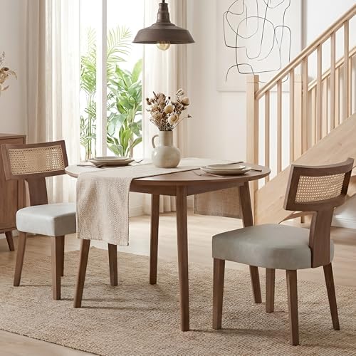 HNY Mid Century Modern Rattan Dining Chairs Set of 2, Farmhouse PU Leather Upholstered Accent Chair Curved Backrest Kitchen Chairs, with Hardwood Frame, Grey