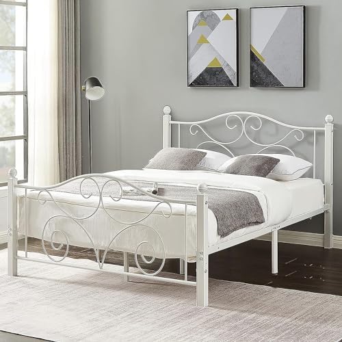 VECELO Queen Size Bed Frame with Headboard and Footboard, Heavy Duty Metal Slat Support, Platform Mattress Foundation, No Box Spring Needed, Easy Assembly, White