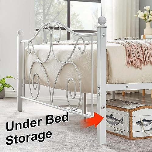VECELO Queen Size Bed Frame with Headboard and Footboard, Heavy Duty Metal Slat Support, Platform Mattress Foundation, No Box Spring Needed, Easy Assembly, White