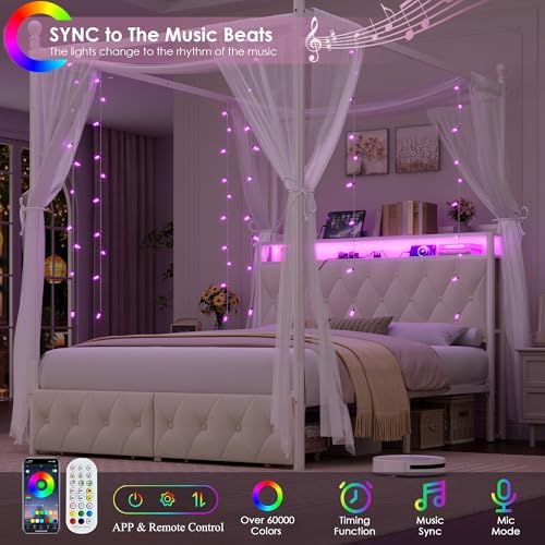 HIFIT Full Size LED Canopy Bed Frame with Storage & Charging Station, Beige