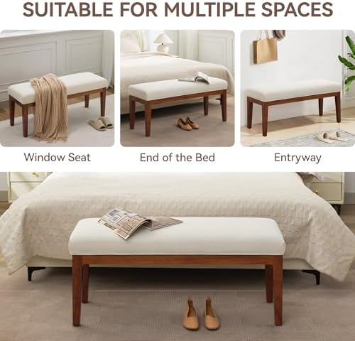 WUTUTUEE 43.5'' Linen Bedroom Bench, Upholstered End of Bed Bench, Padded Vintage Dining Bench, Entryway Bench with Solid Wood Legs, Kitchen, Living Room, Hallway, White