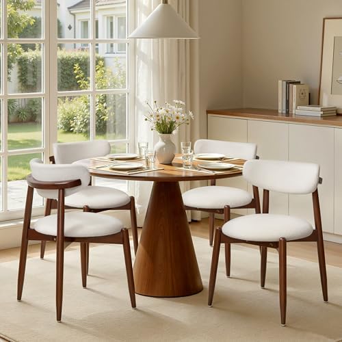 CHUN YI Dining Chairs Set of 6, Wooden Dining Room Chairs with Ergonomic Curved Back, Upholstered Mid Century Modern Kitchen Chairs, Cream