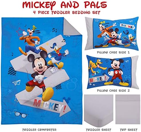 Disney Mickey Mouse and Pals 4 Piece Toddler Bedding Set - Fitted Sheet, Pillow Case, Top Sheet, and Comforter Quilt - Blue