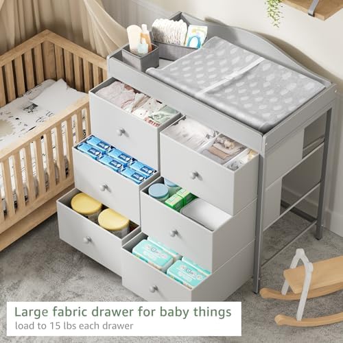 BOLUO Changing Table Dresser with 6 Fabric Drawers, Baby Dresser with Changing Table Top Diaper Changing Station with Storage for Nursery Modern Grey