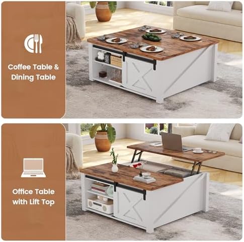 SEDETA 31.5" Lift Top Coffee Table with Storage, Square Coffee Tables for Living Room, Farmhouse Coffee Table with Large Hidden Storage Compartment and Adjustable Shelves, White