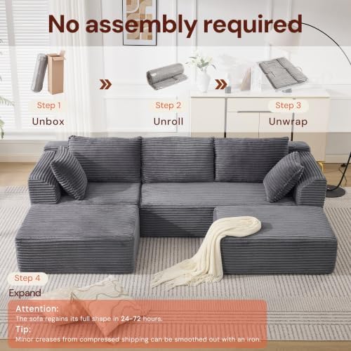 Korser 110" Boneless Couch, Modular Sectional Sofa, U-Shaped Couch with Deep Seat, Boneless Cloud Couch with Side Pockets for Living Room, Apartment, No Assembly Required, Comfy Corduroy