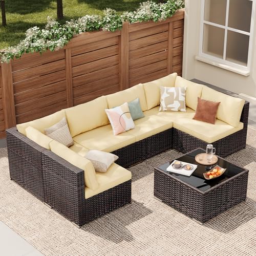 Qsun Patio Furniture Sets 7 Pieces Outdoor Sectional Rattan Sofa Manual Weaving Wicker Patio Conversation Set with Glass Table and Cushion (Beige)