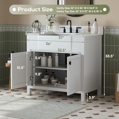 36 Inch Bathroom Vanity with Apron Farm Sink, White | Solid Wood Fully Assembled Bathroom Sink Cabinet, Farmhouse Single Sink Bathroom Vanity with Soft Close Doors, Stone Top
