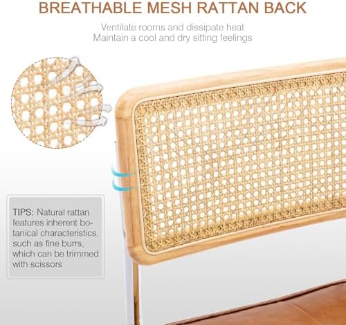 Zesthouse Natural Rattan Dining Chairs Set of 4, Mid Century Modern Dining Room Chairs with Chrome Leg, Faux Leather Kitchen Chair with Solid Wood Back & Cane Mesh, Breuer Cesca Design Inspired, Brown