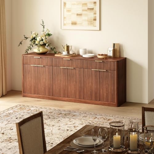 Evermagin 67" Fluted Walnut Sideboard Buffet Cabinet with 3 Drawers