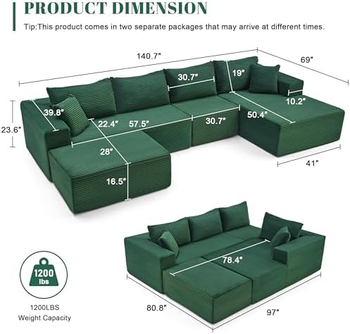 Mangodan 140” Cloud Sectional Couch, Boneless Sofa for Living Room, Modular Sectional Sofa with Deep Seat, Comfy Fluffy U-Shaped Couch with Right-Facing Chaise, No Assembly Required, Green
