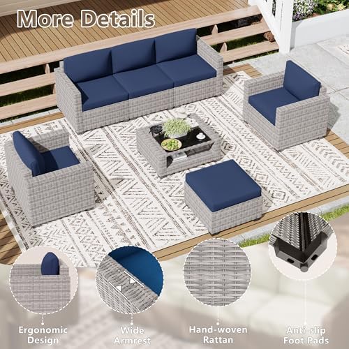 LOUVIXA 7 Piece Outdoor Patio Furniture Set, Rattan Chairs Glass Table Wicker Conversation Seating Sectional Sofa with Cushions (Grey White-Navy, 7Pcs-2 Layer Coffee Table)
