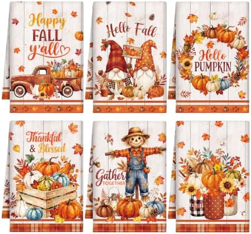 Redbaker 6 Pcs Fall Kitchen Towels Scarecrow Pumpkin Funny Dishcloth