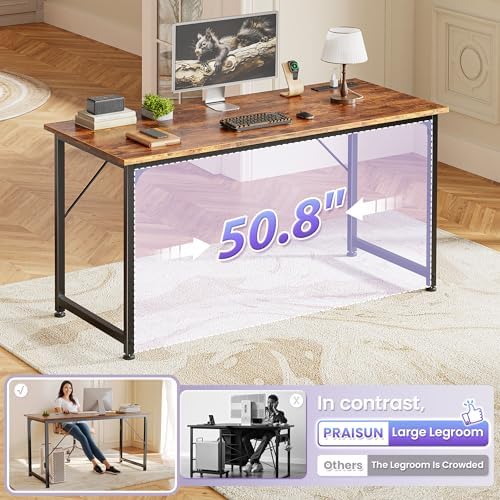 PRAISUN 55 X 20 Inch Computer Desk, Power Outlets, USB-C, Rustic Brown
