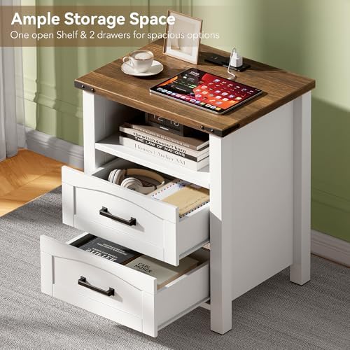 Decofy Farmhouse Nightstand with Charging Station, 2 Drawers