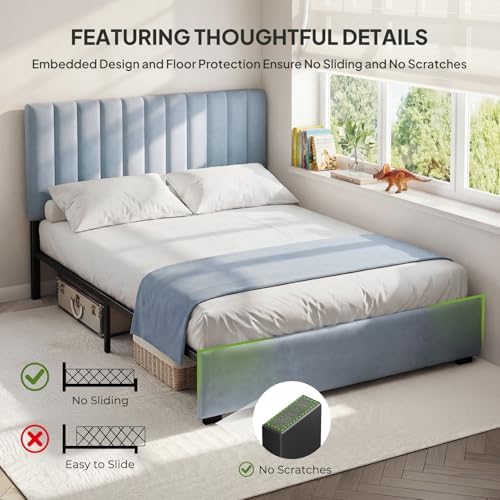 Welzona Full Size Velvet Upholstered Bed Frame with Tufted Headboard, Blue