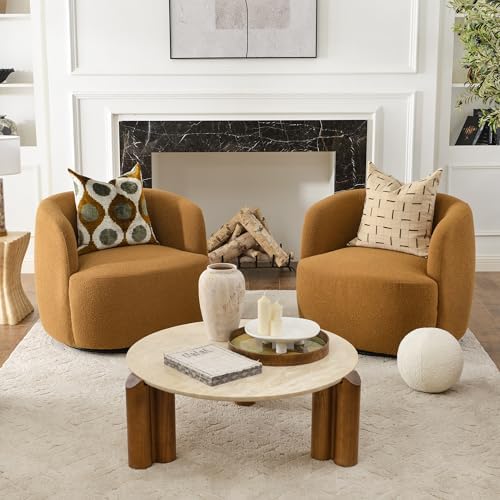 KINWELL 34" W Boucle Swivel Barrel Chairs with Pillow Set of 2, Brown