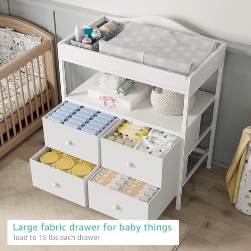 BOLUO Changing Table Dresser with 4 Fabric Drawers and Open Shelf, Baby Dresser with Changing Table Top Diaper Changing Station with Storage for Nursery Modern (White)
