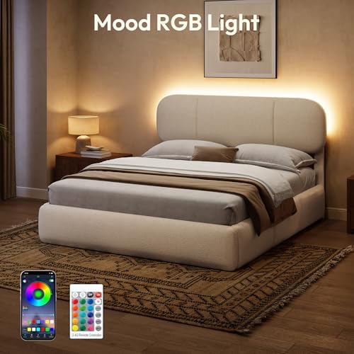 Full Size Cloud Bed Frame with LED & 4 Drawers, Beige