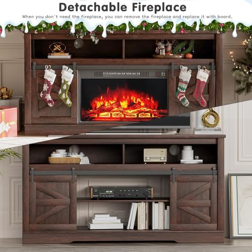 YESHOMY Farmhouse Fireplace TV Stand for TVs up to 65+ Inch, Dark Brown