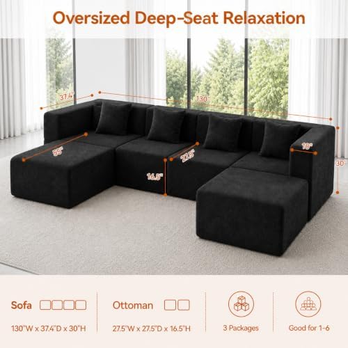 MONVANE 130" U-Shaped 6 Seat Modular Sectional Cloud Couch, Jet Black