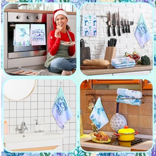 Redbaker 6 Pcs Mermaid Kitchen Towels, Ocean Blue Dish Towels Decor