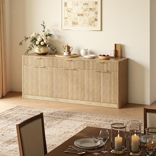 Evermagin 67" Fluted Oak Sideboard Buffet Cabinet with 3 Drawers