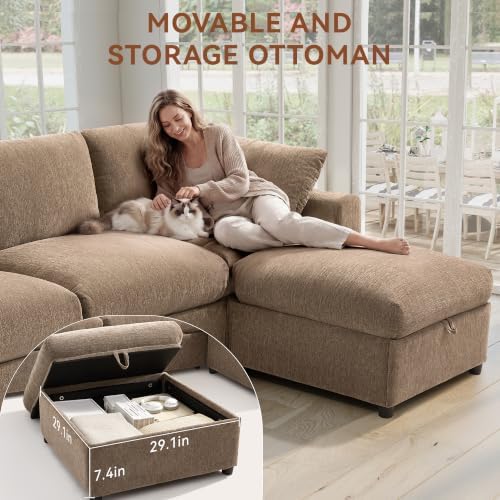 Ihanherry Oversized Cloud Sectional Couches for Living Room, Modular Sectional Sofa with Wide Deep Seat, Coner Couch with Throw Pillow and Storage Ottoman, Brown