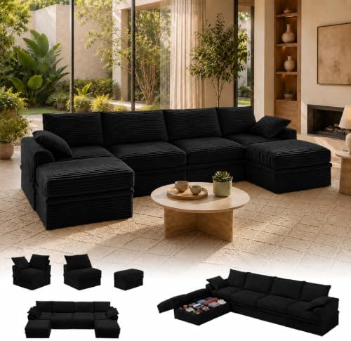 142" Upgraded Boneless Couch with Storage, Modular Sectional Couches for Living Room, Oversized Deep Seat 6-Seat U Shaped Cloud Sofa with Ottoman & Pillows,Corduroy,No Assembly (Black)