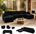 142" Upgraded Boneless Couch with Storage, Modular Sectional Couches for Living Room, Oversized Deep Seat 6-Seat U Shaped Cloud Sofa with Ottoman & Pillows,Corduroy,No Assembly (Black)