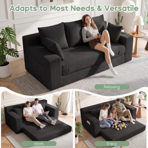 Boneless Couch for Living Room, 3 Seater Convertible Sofa Bed in A Box, Folding Pull Out Couch with Comfy Corduroy, Loveseat Sleeper Floor Sofa with 5 Pillows, No Assembly Required, Black