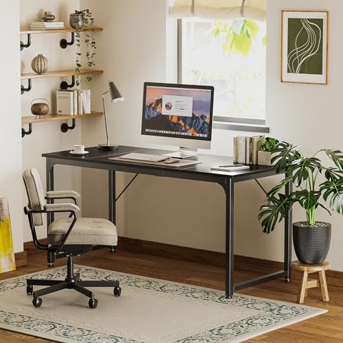 Huuger Modern Simple Office Desk, 63 Inch, Gaming & Writing Desk with Storage, Large Legroom, Metal Frame, Black