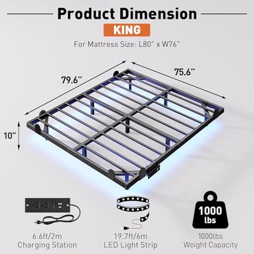 AGXI Floating Bed Frame with LED Lights and Charging Station, 10 Inch King Size Floating Bed Frame, King Platform Bed Frame, No Box Spring Needed, Easy to Assemble